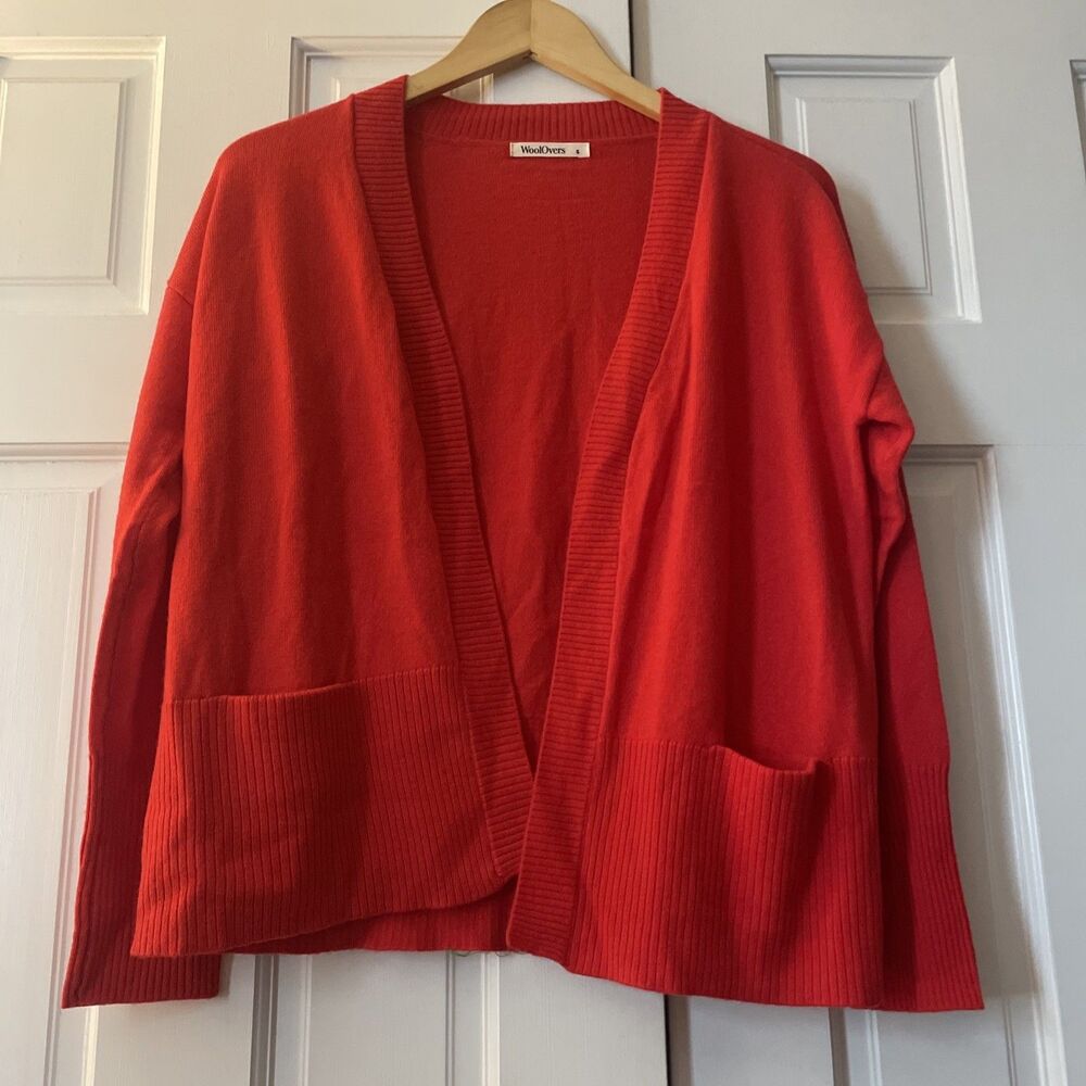 WoolOvers Red Open Front Cardigan Small 90% Merino Wool 10% Cashmere Pockets
